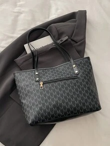 2023 New Fashion Women Large Capacity All-Over Allover Print Letter Pattern Decor Dual Handle Tote Bag, Suitable For Work And Commute