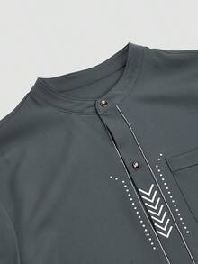 2pcs Dark Grey Dashiki Shirt And Pants Set, White Geometric Line Embroidery, Chest Pocket, Long Sleeve, Round Neck, Elastic Waist Pants, African Fashion, Men's Matching Sets, Casual & Elegant Style For Business, Party, Date, Wedding, Daily Wear, Celebrations And Ceremonies - Dark Grey - View 7