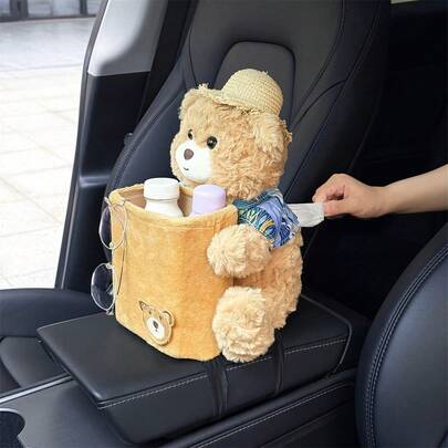 Dispensador de pañuelos para coche multifuncional con forma de oso de peluche y bote de basura.