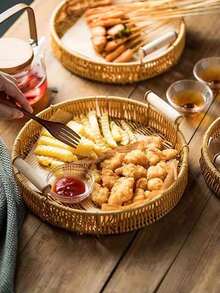 1pc Thickened Rattan-Woven Fruit Plate, Bread Basket, Home Afternoon Tea, Pastry Tray, Snack Display Plate - Apricot - View 3