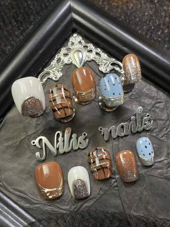 10pcs Short Ballet Acrylic Nail Art Set, Brown, Blue, White Nail Strips, Gold, Silver French Manicure, Hand-Painted Polka Dots & Geometric Patterns, Y2K Style Nail Decor Set, Suitable For Women & Girls In Autumn/Winter, Holidays, Daily, Gatherings, Parties (Includes: 1pc Jelly Gel And 1pc Buffing File)