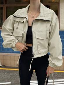 Womens Outdoor Cropped Jacket Zip Up Lightweight Oversized Utility Anorak Coat With Pockets For Camping Hiking Streetwear - Màu be - Xem 2