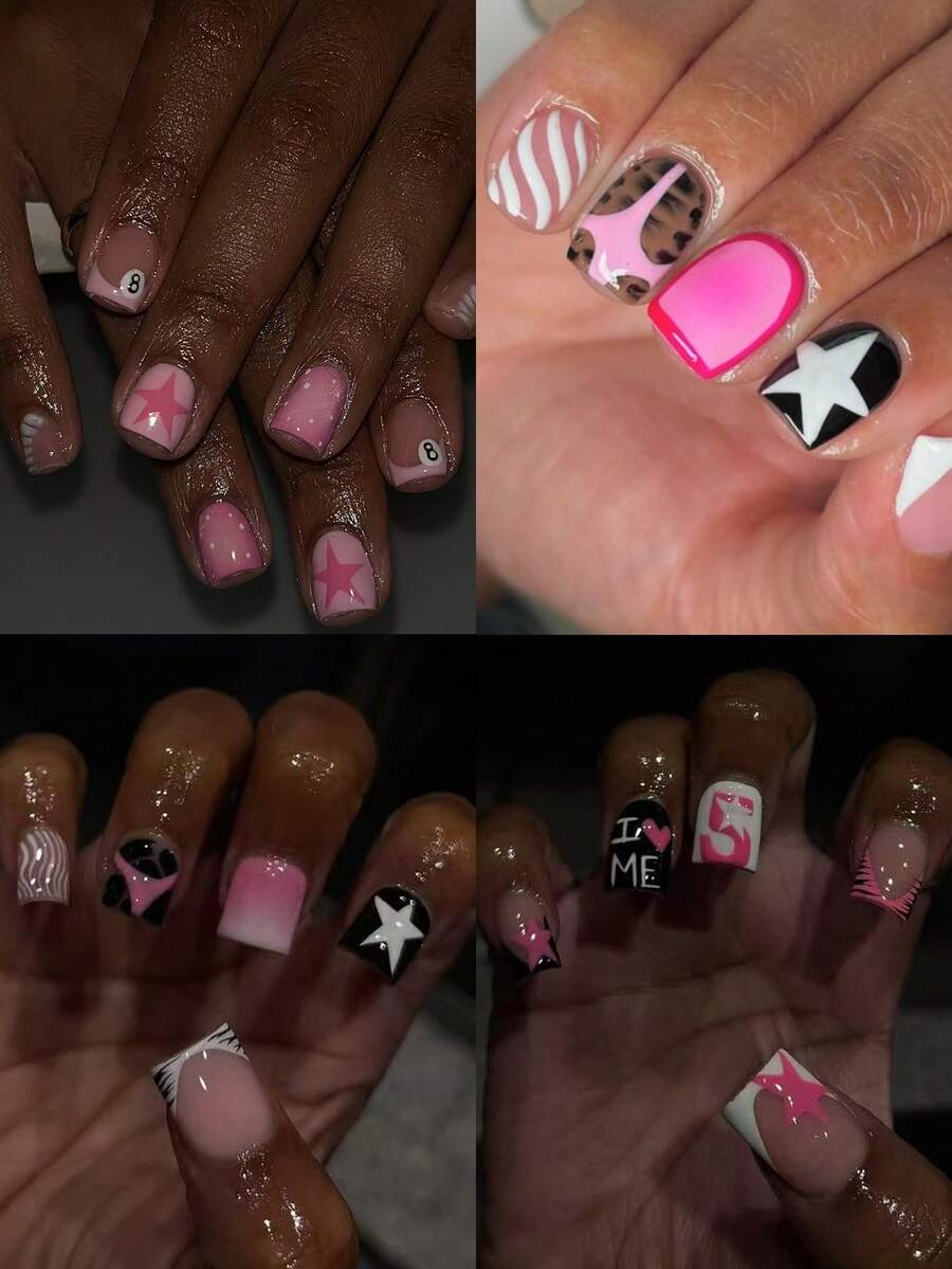 Bộ dụng cụ làm móng nghệ thuật 96 món, gồm 4 hộp hỗn hợp các kiểu dáng: hình vuông ngắn, họa tiết da báo, hình dập nổi kiểu Pháp màu hồng, sọc ngựa vằn, hiệu ứng chuyển màu, hình ngôi sao và đường cong, phong cách trường phái ấn tượng, vừa vặn hoàn hảo. Bao gồm 1 gel dẻo và 1 dũa móng, phù hợp cho phụ nữ và bé gái sử dụng hàng ngày và trong nhiều dịp khác nhau. - Nhiều màu - Xem 1