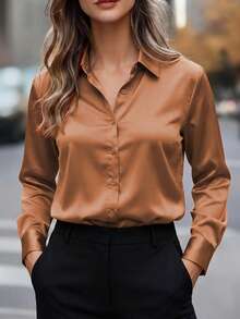 Camisa de satén de unicolor para mujer - Blusa casual de negocios con cuello y botones, elegante para ir al trabajo & uso diario, primavera verano otoño invierno, atuendo de verano - Naranja Quemada - Ver 5