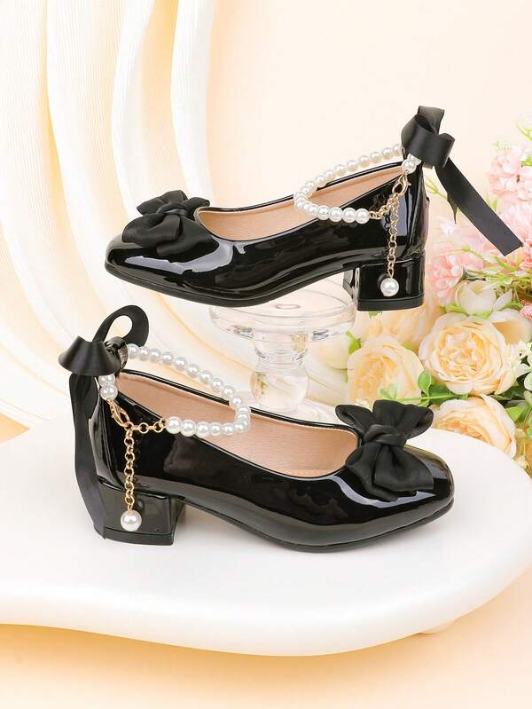 Girls' Fashion Black Bow Pearl Four-Season Holiday Elegant High Heel Chunky Heel Mary Jane Ballet Princess Shoes, Formal Dress Shoes For Performance, Dance, Wedding, Party, Evening, Vacation, Flower Girl, Sweet And Cute, Versatile For Toddlers And Big Girls