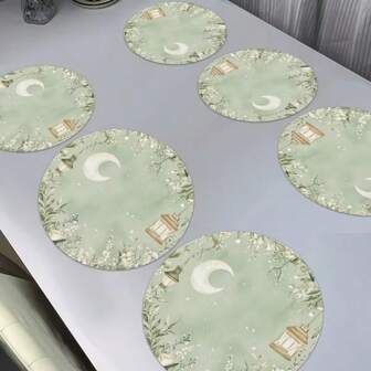 2/4/6 Pcs Set Of Elegant Ramadan Themed Placemats, Adorned With Gold Crescent Moon And Lantern Patterns, Floral Accents - 15 Inch Round Placemats, Suitable For Gatherings, Dining And Holiday Decor. Also Applicable For Home Decor, Holiday Table Setting, Farmhouse Holiday Decor, Farmhouse Style Decor, Washable Placemats, Durable Material, Holiday Table Decoration And Home Entertainment.