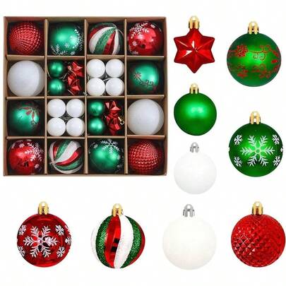 Xmas Baubles 42pcs Red Green And White Christmas Tree Baubles Christmas Hanging Ball Ornaments Decor Xmas Tree Decorations Shatterproof Balls Seasonal Decorative Winter Holiday Party Home