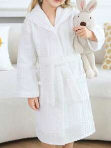 1件华夫格连帽浴袍，双层华夫格和服浴袍，睡衣，厚实柔软，速干，粉色/绿色/白色，带帽浴袍 - 彩色 - 查看 11