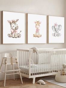 3幅现代女孩动物图案水彩画，粉色蝴蝶结装饰，学期开始主题墙贴，节日礼物，卧室装饰，客厅装饰，办公室装饰，教室装饰，墙面艺术，墙面装饰，家居装饰，房间装饰，帆布墙画，海报，带框墙画，可选画框 - 彩色 - 查看 2