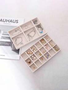 Khay đựng trang sức nhung 6 trong 1, khay sắp xếp đa chức năng, hộp đựng trang sức, hộp đựng trang sức xếp chồng, khay đựng mỹ phẩm có ngăn riêng, khay sắp xếp ngăn kéo, giá trưng bày trang sức cho bông tai, dây chuyền, vòng tay, nhẫn, kẹp tóc, băng đô, quà tặng ngày Valentine, sắp xếp nhà cửa. - Màu be - Xem 8