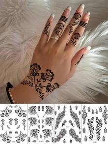 4pcs Henna Temporary Tattoo Stickers, Black Lace Hand Tattoo, Ramadan Mandala Rose Henna Tattoo, Suitable For Women Makeup, Party, Festival, Wedding, Bridal Accessories, Valentine's Day - Black - View 10