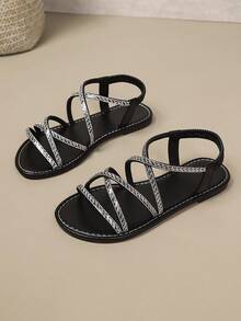 Sandale plate decorate cu strasuri pentru femei, sandale la modă cu bandă elastică, casual, potrivite pentru a fi purtate cu rochii, disponibile în alb, negru și verde - Negru - Vizualizare 7