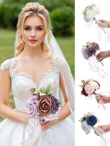 1 Peça Buquê de Noiva Multifloral de Renda, Buquê de Lótus e Rosas de Cores Contrastantes, Buquê de Laço de Dama de Honra, Buquê Pequeno para Pedido de Casamento no Dia dos Namorados, Buquê de Noiva para Casamento ao Ar Livre, Acessório Fotográfico de Casamento Romântico, Verão, Praia - Multicolorido - Visão 11
