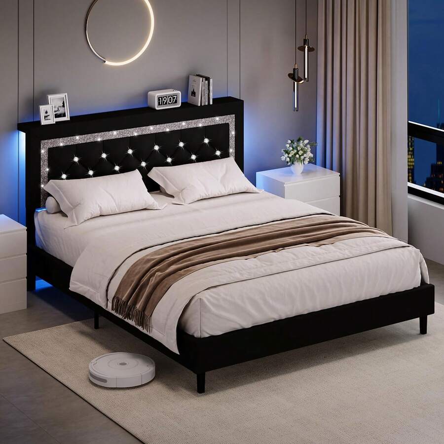 Bed Frame With LED Lights, Queen Bed Frame With Storage And  Diamond Tufted Headboard, Wooden Slats Support, No Box Spring Needed, Easy Assembly, Bedroom Deccor, Bedroom Furniture, Twin/ Full/ Queen/ King, White/ Pink / Black (USB LED Strip) - màu đen - Xem 1