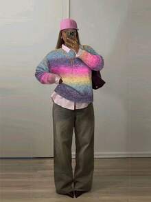 Mejors 女士可爱休闲太空印花彩色街头风 Y2K 风格宽松针织衫，圆领，日常穿着，秋冬款 - 玫紅色 - 查看 5