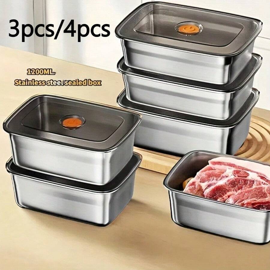 3-Pack/4-Pack Stackable Stainless Steel Lunch Box With Lid, Leak Proof Food Storage Container, Multi-Purpose Dishwasher Safety Lunch Box, Reusable Fresh-Keeping Box With Lid, Suitable For Meal Preparation, Gym, Studio, Picnic Essentials, Refrigerator Storage Container, Microwave Can Use Rectangular Lunch Box - 銀色 - 查看 1