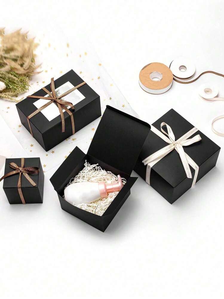 VAVICRAP Geschenkbox Mit Deckel – Schwarz, 21x17x7 Cm, Mit Schleife, Faltbar, Stabil, Für Hochzeit, Geburtstag & Co