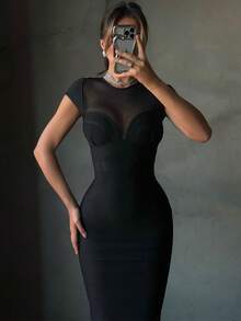 Elegant Sexy Fitted Long Dress, Summer Black Mesh Sheer Bandage Bodycon Cocktail Party Dress, Women's Evening Gown - Black - View 1