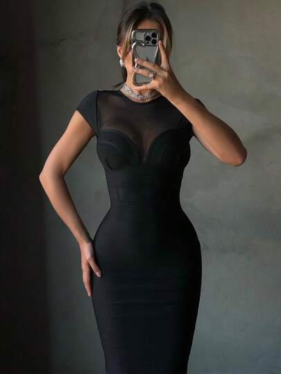 Elegant Sexy Fitted Long Dress, Summer Black Mesh Sheer Bandage Bodycon Cocktail Party Dress, Women's Evening Gown