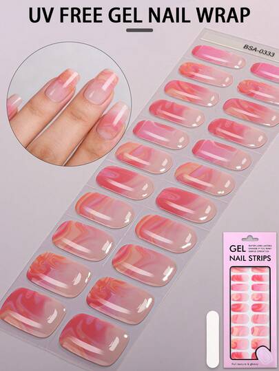 22pcs UV Free Gel Nail Wraps, Pink Marble Gel Nail Strips - No UV Damage Instant Beauty, Protects Natural Nails Perfect For Women's Casual Dates, Home DIY Manicures