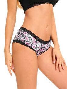 Dircho 10pcs Women's Sexy Gothic Contrast Lace Bikini Panties - Allover Skull/Star/Rose/Pirate Pattern Silky Soft Comfy Intimates Underwear, Stretch Breathable Elastic Waist Daily Lingerie Set - Multicolor - View 2