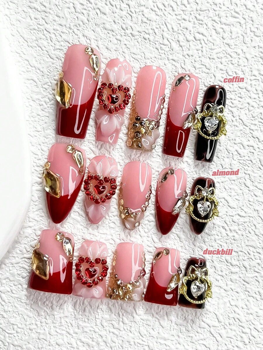 10pcs Red Premium Nail Sticker Set, French Manicure Set, Pinched Flower Nail Decor, Champagne Diamond, Heart, Wreath Nail Accessories, Red & Brown Gel Nail Kit, 3 Sizes Available: Almond, Duck Mouth, Coffin Nail, Includes Tool Kit, Suitable For Women And Girls, Suitable For Parties, Daily Wear Nails Nail Supplies - 彩色 - 查看 1