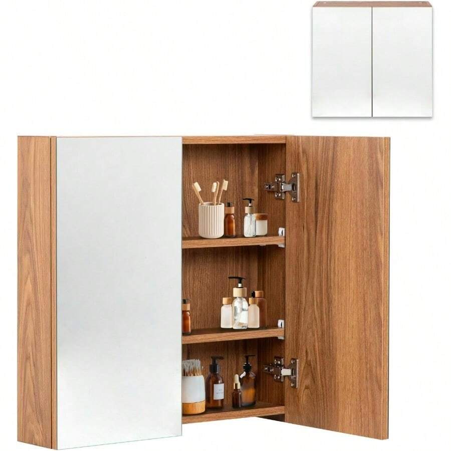 Kingshouse Botiquín con Espejo para Baño con 2 Puertas - Color Madera - Gabinete Organizador con Repisas - 60x14x60 cm - Melamina 16 mm - Mueble Armable para Hogar - Madera - Ver 1