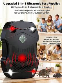 升级版三合一超声波驱虫器，2025款带闪光灯的驱鼠器，适用于汽车引擎、家庭、户外花园，USB充电，单包装 - 黑色 - 查看 2