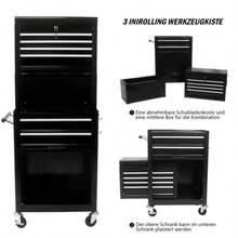 Symbollschrank auf Rädern, 6-schalbeschaltbare Roll-Werkzeugkiste mit 4 Universalrädern, 2 in 1 abnehmbarer Werkzeugkasten-Speicherorganizer für Garage Workshop Reparaturwerkstatt, Schwarz(Black) - Schwarz - Übersicht 2