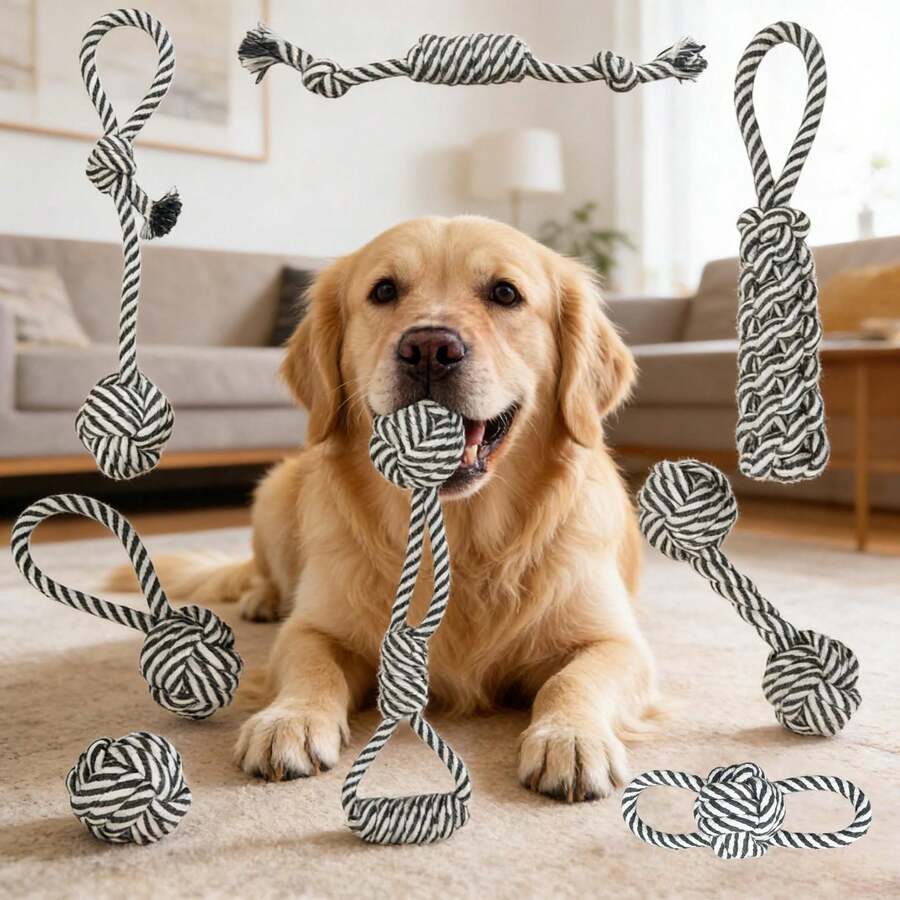 7件套耐用互动式狗狗牵引绳玩具，适合主人与宠物玩耍，可咀嚼打结设计，多功能室内/室外牙齿护理咀嚼牵引绳，适用于大、中、小型犬 - 彩色 - 查看 1