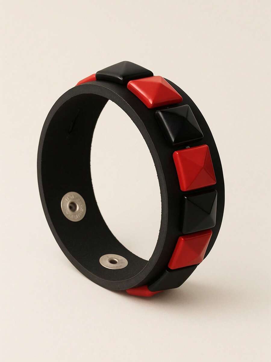 Emo Scene Bracelet, 1 Row, Spike Pyramid Checkered Pattern - Đỏ - Xem 1