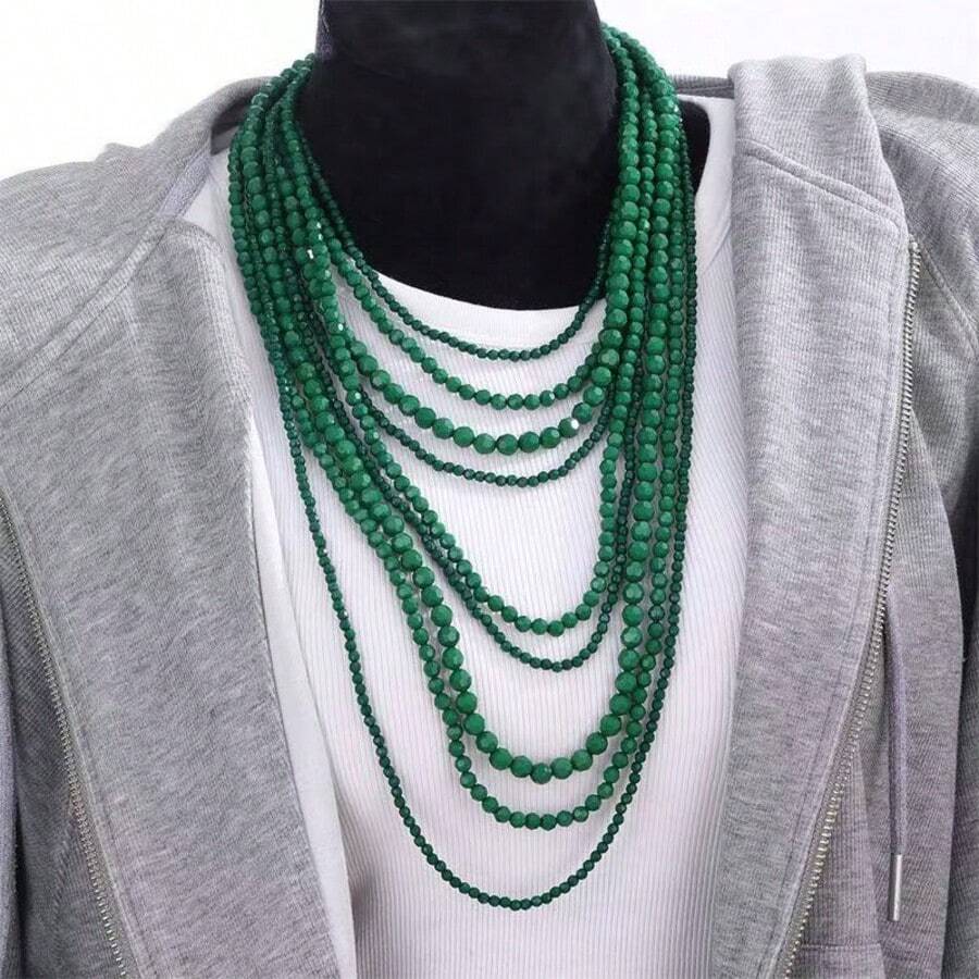 1Pc ZAA Multi-Layer Stacked Handmade Bead Necklace Exaggerated Waterfall Shaped Long Collarbone Chain Women's Jewelry Necklace Accessories Gifts - Green - View 1