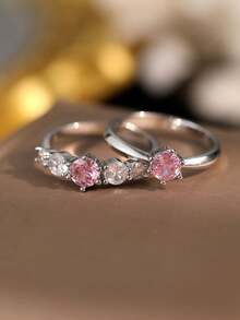 2pcs/Set Elegant Pink Cubic Zirconia Ring Set, Fashion Jewelry For Women Wedding Party Evening, Made Of Copper Alloy, Non-Allergic And Non-Fading, Ideal Valentine's Day Gift - Silver - View 9