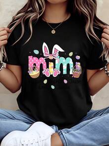 Diseño de conejo con orejas y huevos de Pascua estampado en camiseta negra para mujer Pascua camiseta casual para mamás con nombres personalizados 220g - Negro - Ver 1
