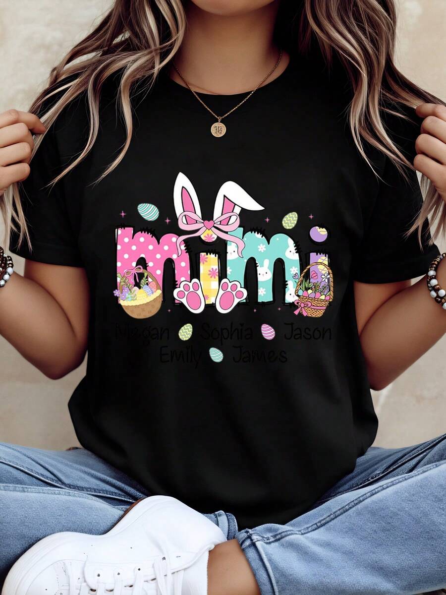 Diseño de conejo con orejas y huevos de Pascua estampado en camiseta negra para mujer Pascua camiseta casual para mamás con nombres personalizados 220g - Negro - Ver 1