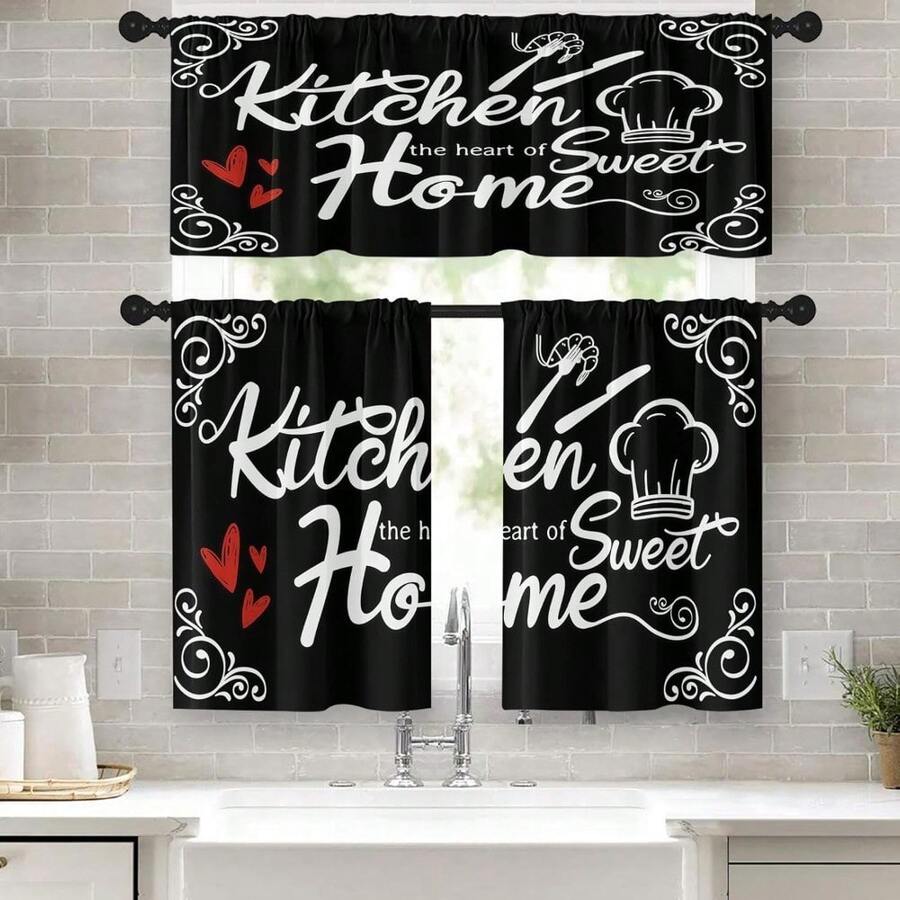 1pc/2pcs Farmhouse Rustic Kitchen Window Curtains Valance, Wooden Vintage Window Valance Curtain With Grey/Teal/Black Kitchen Design Curtains, Polyester Small Cafe Drapes For Festival Holiday Anniversary Gifts Housewarming Gifts, Window Treatment Short Curtain For Living Room Bedroom Bathroom Farmhouse Kitchen Decor, Rod Pocket, Machine Washable - Trang trại đen - Xem 1