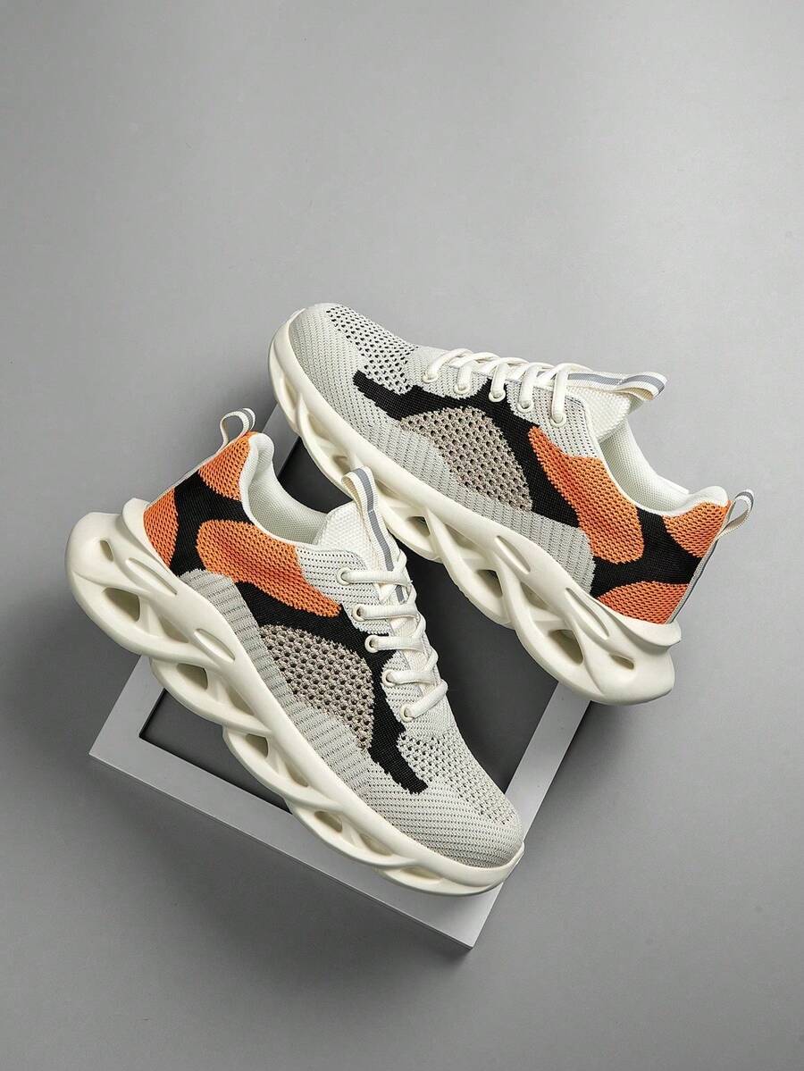 Men's Breathable Mesh Athletic Shoes, Soft-Soled Cushioned Platform Casual Shoes, All-Season Versatile Chunky Sneakers With Openwork Design Men's Breathable Mesh Athletic Shoes, Soft-Soled Cushioned Platform Casual Shoes, Versatile Height-Increasing Chunky Sneakers For Autumn And Winter - 米色 - 查看 1