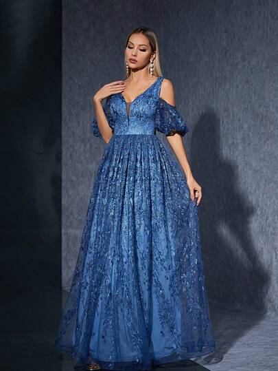 Vestido azul de encaje con hombros descubiertos, manga abullonada y silueta evasé de MGIACY, elegante para mujeres, ideal para bodas, fiestas y eventos de verano