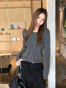 Vintage Striped Fitted Slim Long Sleeve Crew Neck Cropped Top Casual Spring - Grey - View 5