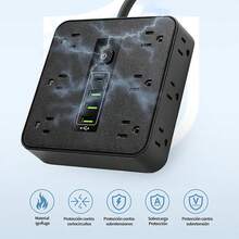 Regleta Multifunción 13 en 1: 9 Enchufes + 3 USB + 1 Tipo-C, Diseño Lateral con 3 Enchufes Planos, Protección Sobrecarga 4000W - ¡Compacta para Hogar/Oficina/Viaje! - Tipo de Enchufe B USA (110-127V) - Ver 2