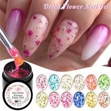 MEET ACROSS 1pc Dried Flower Gel Nail Polish, Spring Summer Colors Natural Flower Nail Art Painting Nail Polish Semi Permanent Soak Off UV LED Nail Varnish Decoration Manicure Nail Art Design For Home Salon Nail Supplies - 彩色 - 查看 4