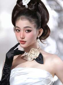 قلادة زهرة الشمبانيا الساتان الفرنسية الأنيقة قطعة واحدة، إكسسوار مجوهرات العروس، مناسبة لتصوير الزفاف، مواعيد الحديقة، العشاء الرومانسي، الحفلات، عيد الحب - متعدد الألوان - مشاهدة 3