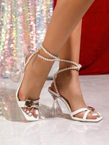 Giày sandal cao gót thanh lịch dành cho nữ, mẫu mới mùa xuân/hè với khóa kim loại trang trí, mũi vuông, gót dày đính pha lê, quai chéo có thể điều chỉnh, phù hợp cho đám cưới, tiệc tùng, sự kiện trang trọng, dạ hội, lễ hội, thoáng khí và thoải mái cho việc mang ngoài trời hàng ngày. - trắng - Xem 6