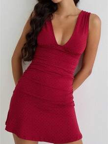 Women Dot Print Tank Dress Slim Fit Plunge Sleeveless A-Line Mini Dresses For Daily Office Party Club - Đỏ - Xem 1