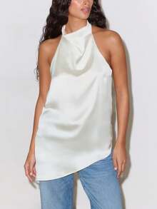 Women's Half High Neck Halter Top Asymmetrical Hem Sleeveless Blouse Elegant Cowl Neck Satin Tank Tops Y2K Backless Camisole Fashion Crop Tops For Going Out Streetwear Wedding Guest Occasion Wear Spring Summer - Trắng - Xem 9