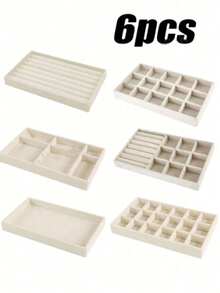 Khay đựng trang sức nhung 6 trong 1, khay sắp xếp đa chức năng, hộp đựng trang sức, hộp đựng trang sức xếp chồng, khay đựng mỹ phẩm có ngăn riêng, khay sắp xếp ngăn kéo, giá trưng bày trang sức cho bông tai, dây chuyền, vòng tay, nhẫn, kẹp tóc, băng đô, quà tặng ngày Valentine, sắp xếp nhà cửa. - Màu be - Xem 2