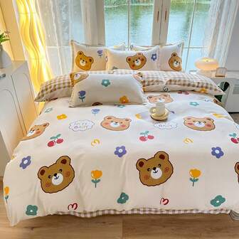 4pcs Floral Cartoon Bear Bedding Set, Suitable For Dorm, Bedroom, Single/Double/Queen/King Bed, Soft & Breathable, Zipper Closure, Machine Washable (1pc Duvet Cover + 1pc Flat Sheet + 2pcs Pillowcases)