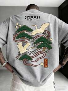 Men's Casual Versatile Simple Japanese Crane Print Short Sleeve T-Shirtgraphic Tee  Shirts - 灰色 - 查看 1
