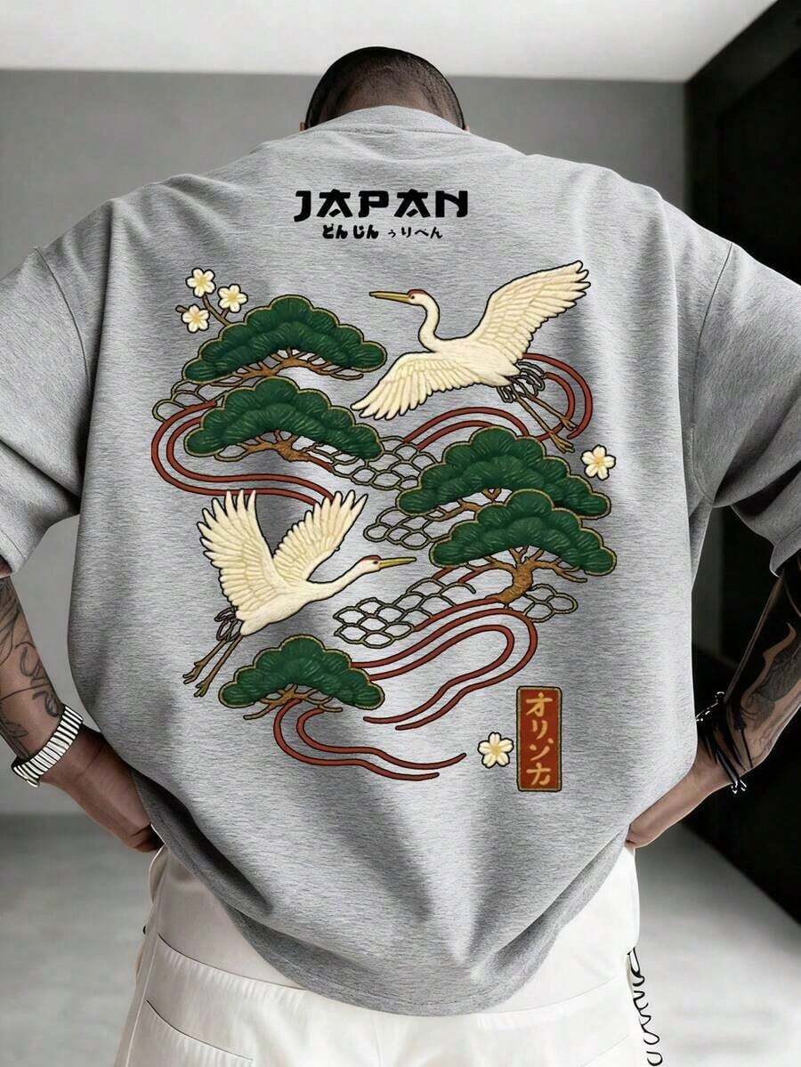 Men's Casual Versatile Simple Japanese Crane Print Short Sleeve T-Shirtgraphic Tee Shirts - 灰色 - 查看 1