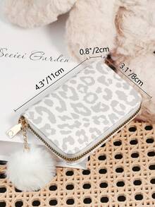 时尚豹纹信用卡收纳包，饰有时尚毛球，配有时尚拉链零钱包，适合学生宿舍和返校用品，女士迷你钱包，小钱包，卡包。 - 灰色 - 查看 8